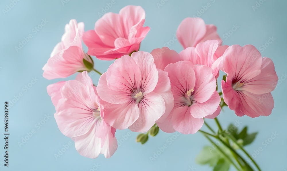pink geranium flower cluster on soft blue backdrop pink geranium flower cluster on soft blue backdrop
