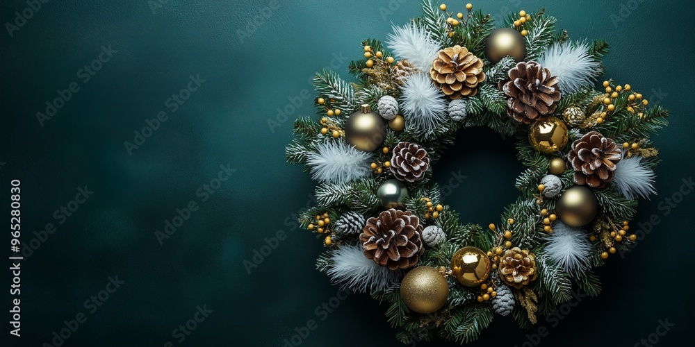 A stylish modern Christmas wreath made of dark green pine branches, white feathers, and golden ornaments, against a dark green background A stylish modern Christmas wreath made of dark green pine branches, white feathers, and golden ornaments, against a dark green background