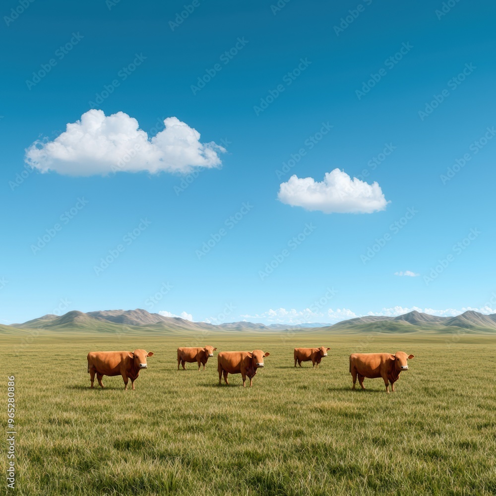 Cowhands Wrangling Cattle on Endless Grasslands - with Copy Space and Selective Focus on Foreground Cowhands Wrangling Cattle on Endless Grasslands - with Copy Space and Selective Focus on Foreground