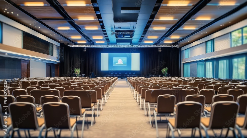 Vast conference space with neatly aligned chairs pointed at a prominent screen exhibiting a video presentation, prepared for an audience. Vast conference space with neatly aligned chairs pointed at a prominent screen exhibiting a video presentation, prepared for an audience.
