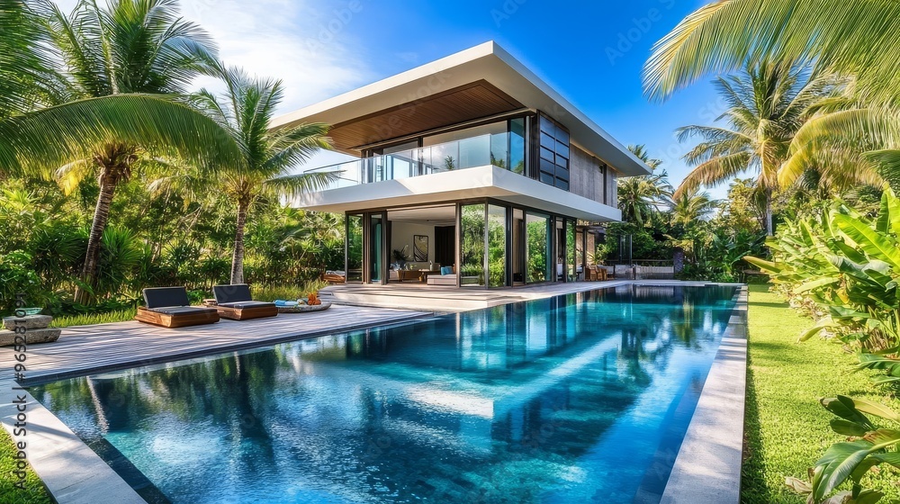 Stylish modern estate with an inviting blue swimming pool, enveloped by tropical vegetation and palm trees under a bright blue sky. Stylish modern estate with an inviting blue swimming pool, enveloped by tropical vegetation and palm trees under a bright blue sky.