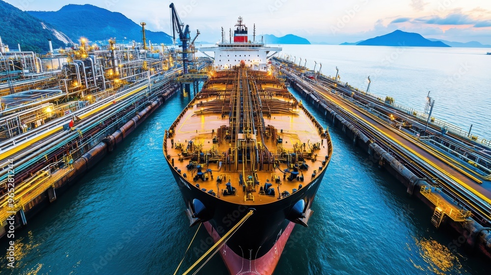 Massive oil tanker docked at an industrial port with pipelines for transportation and distribution of crude oil, highlighting global logistics Massive oil tanker docked at an industrial port with pipelines for transportation and distribution of crude oil, highlighting global logistics