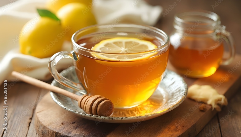 A cup of tea with honey, lemon, and ginger on a wooden table, with visible lemon slices and ginger. A cup of tea with honey, lemon, and ginger on a wooden table, with visible lemon slices and ginger.