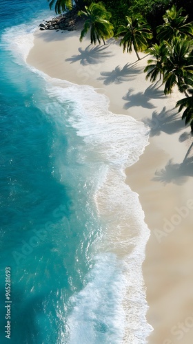 Aerial View of Palm Trees and Turquoise Ocean Waves Crashing on a White Sandy Beach