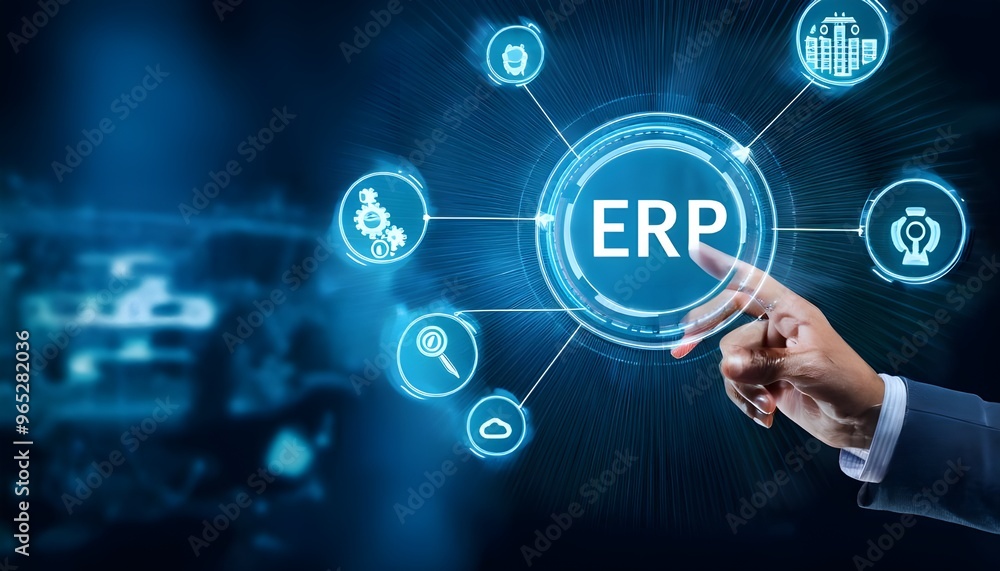 Enterprise Resource Planning ERP Corporate Company Management Business Internet Technology Concept. Businessman hand touching icon. Enterprise Resource Planning ERP Corporate Company Management Business Internet Technology Concept. Businessman hand touching icon.