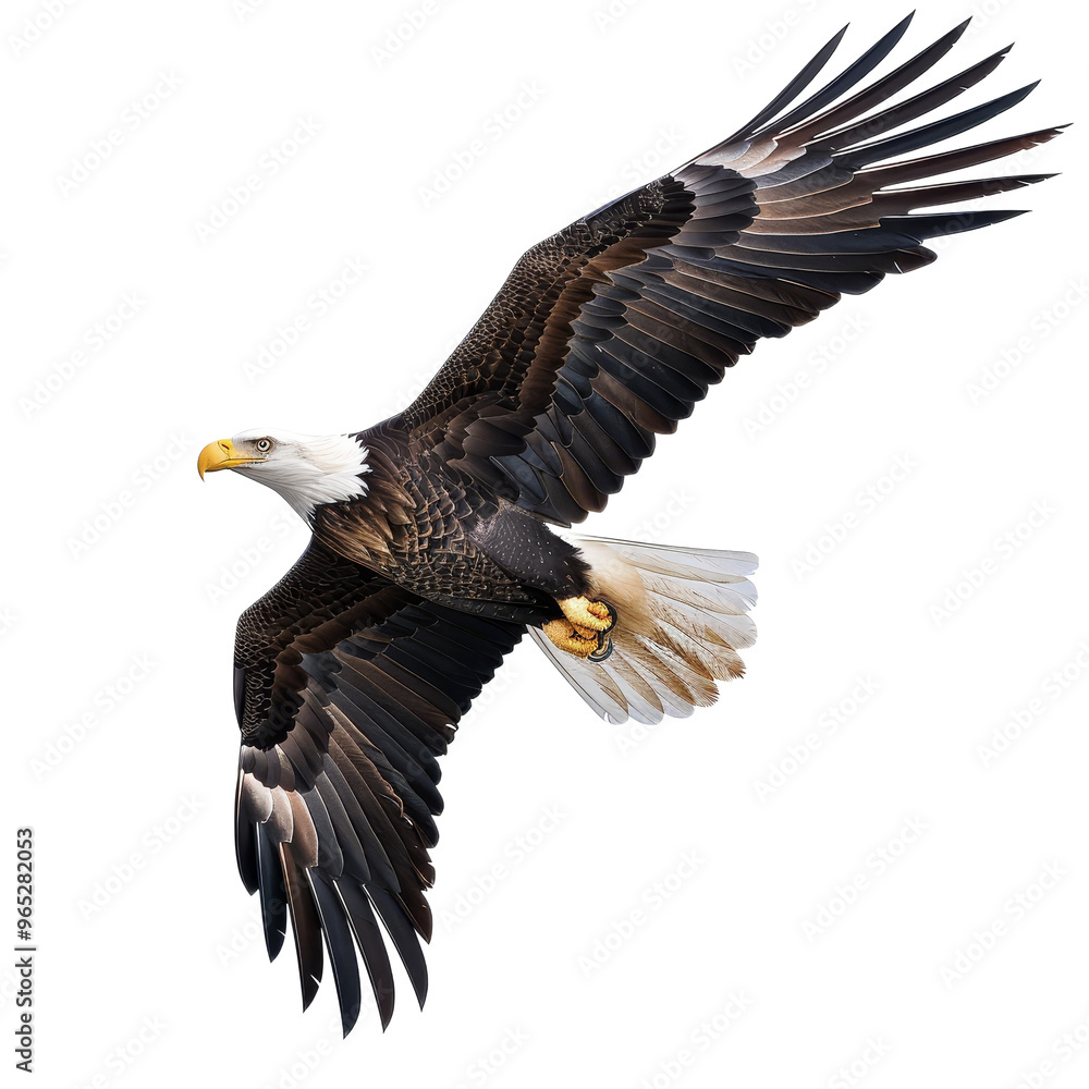 A majestic bald eagle glides against a bright sky, showcasing its impressive wingspan and striking features A majestic bald eagle glides against a bright sky, showcasing its impressive wingspan and striking features