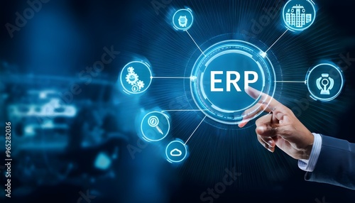 Enterprise Resource Planning ERP Corporate Company Management Business Internet Technology Concept. Businessman hand touching icon.