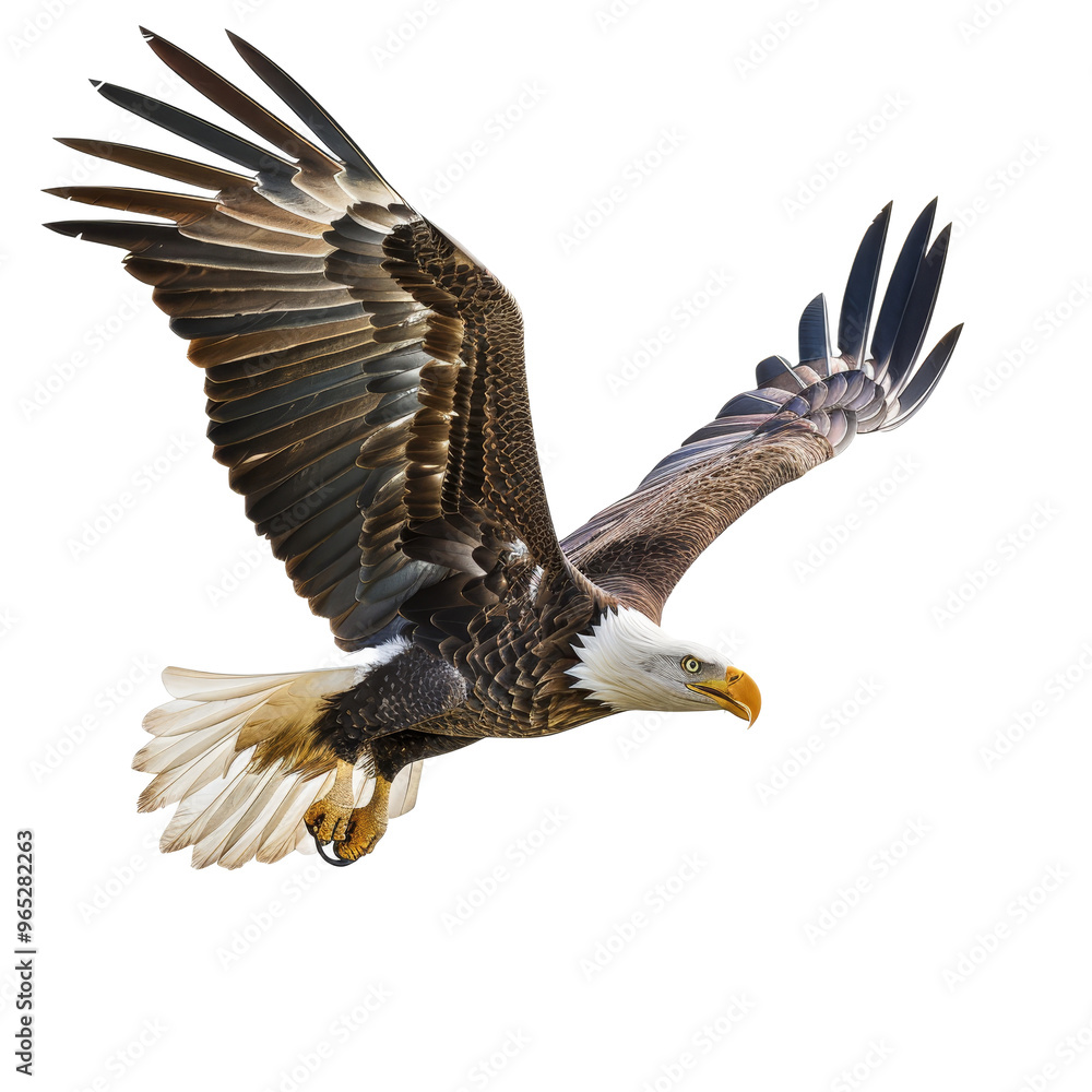 Naklejka premium A majestic eagle soaring gracefully in the clear sky with outstretched wings during a sunny day