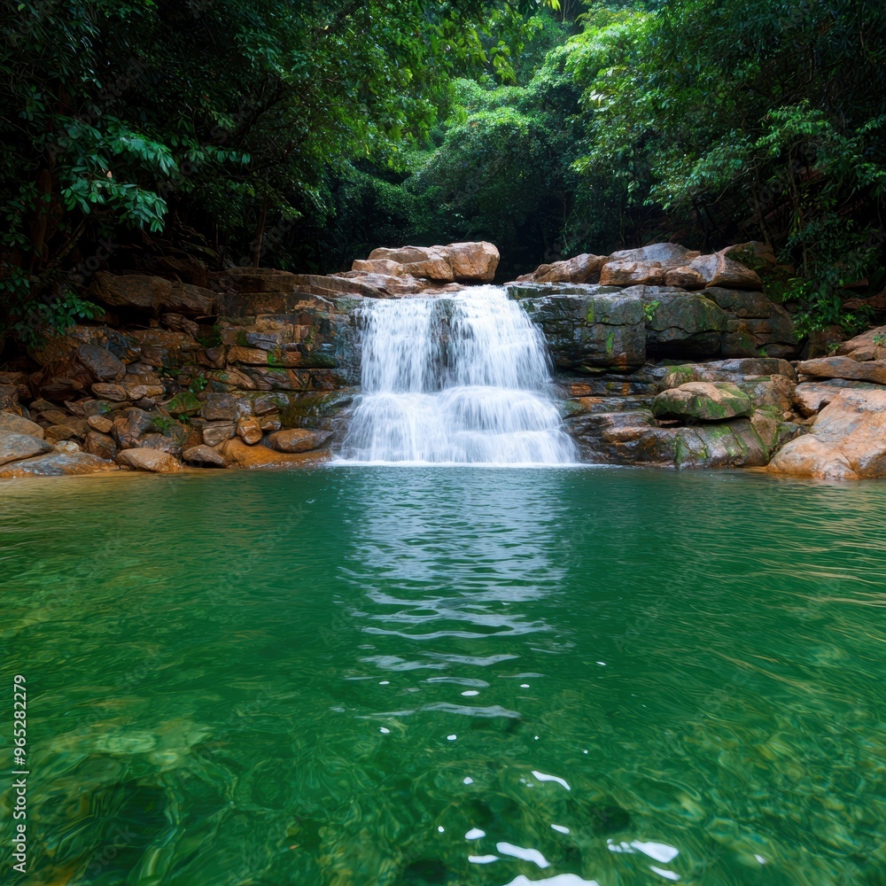 Serene Waterfall Paradise - of Cascading Waterfall into Crystal-Clear Pool with Copy Space, Selective Focus, and Quality Serene Waterfall Paradise - of Cascading Waterfall into Crystal-Clear Pool with Copy Space, Selective Focus, and Quality