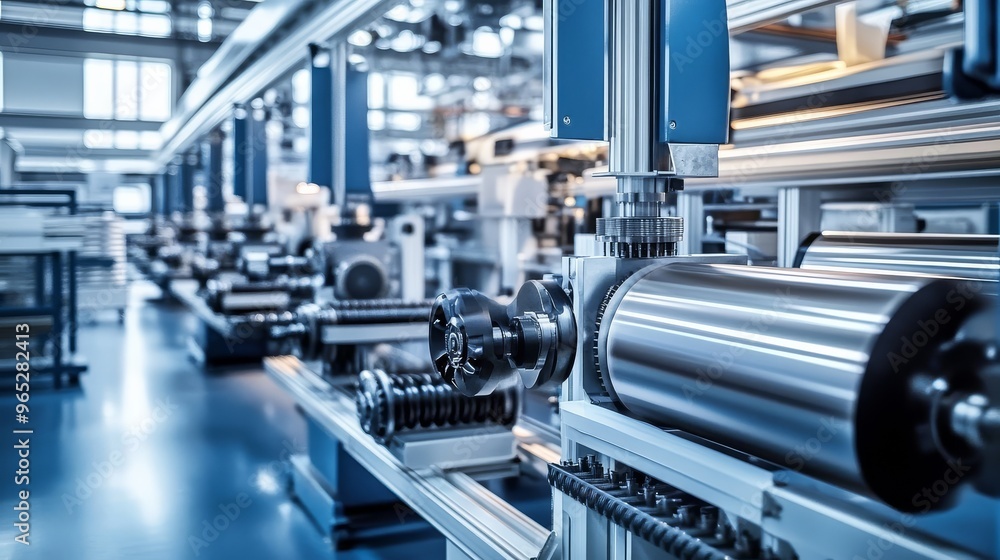 Cutting-edge printing machinery with elaborate transfer rollers and ink reservoirs set in a well-maintained industrial workspace. Cutting-edge printing machinery with elaborate transfer rollers and ink reservoirs set in a well-maintained industrial workspace.