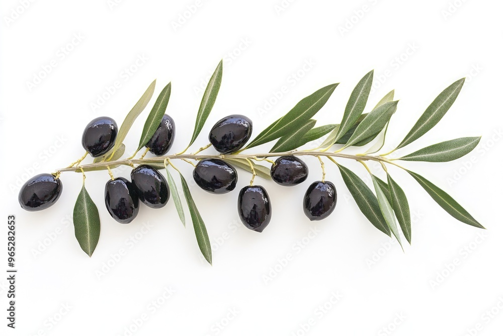A branch adorned with ripe black olives is showcased against a white background, emphasizing the rich color and gloss of the olives along with vibrant green leaves. Generative AI A branch adorned with ripe black olives is showcased against a white background, emphasizing the rich color and gloss of the olives along with vibrant green leaves. Generative AI