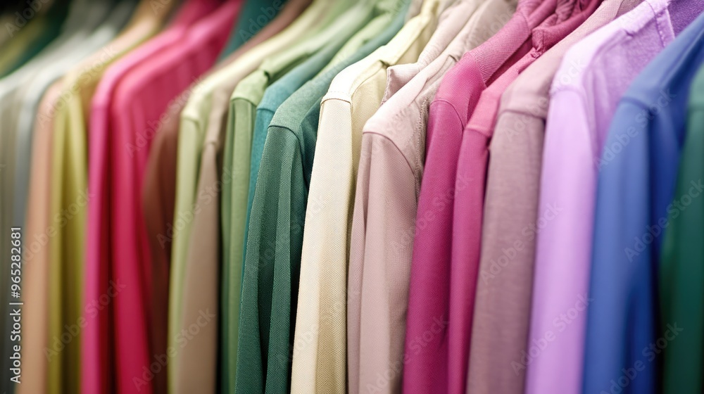A close-up view of various clothing items hanging on racks in a retail store, highlighting a mix of colors and fabric textures, inviting shoppers to browse A close-up view of various clothing items hanging on racks in a retail store, highlighting a mix of colors and fabric textures, inviting shoppers to browse