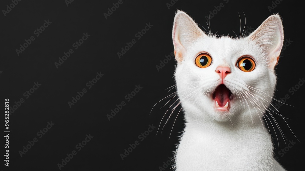 Fototapeta premium This startled white cat looks astonished with wide eyes and an open mouth against a solid black background, creating a striking visual effect