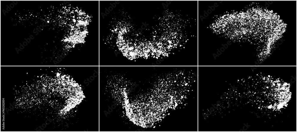 Set of distressed white grainy texture. Dust overlay textured. Grain noise particles. Snow effects pack. Rusted black background. Vector illustration, EPS 10.