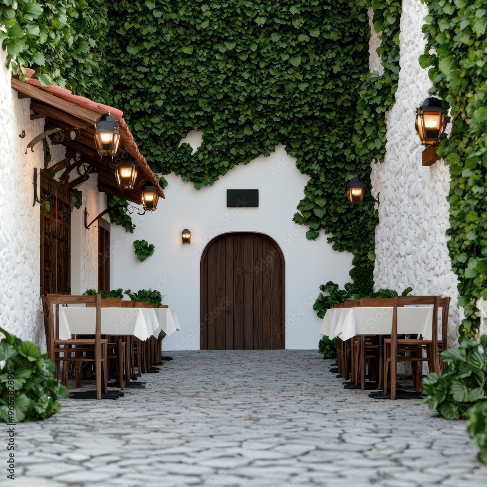Obraz premium Tranquil Ivy-Covered Alley with Hidden Cafes - with Copy Space, Selective Focus |