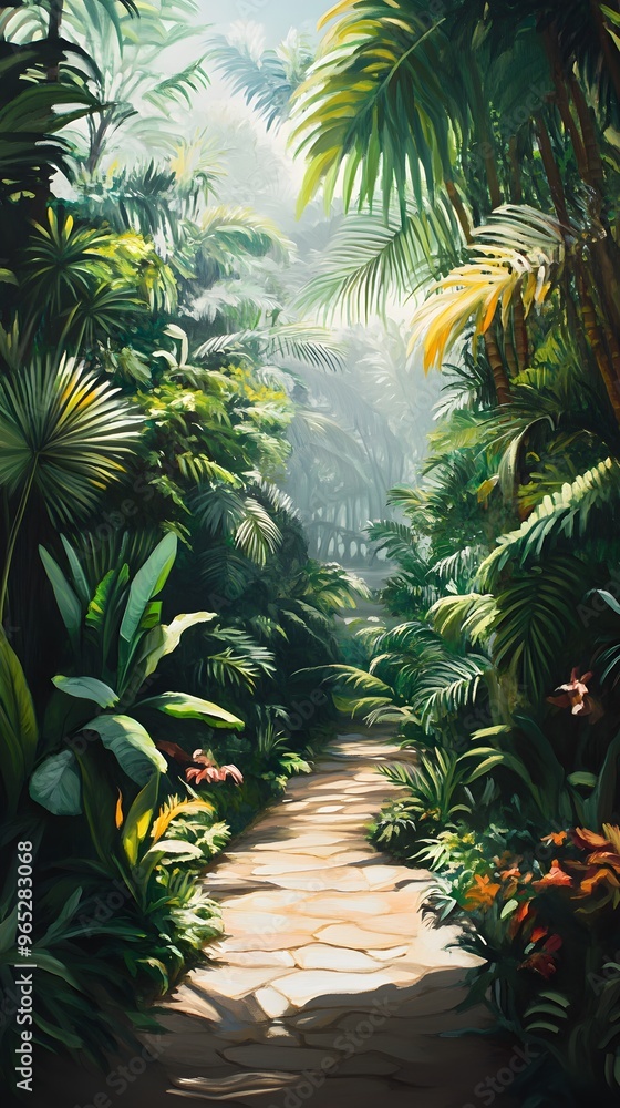 Sunlit Path Through Lush Tropical Jungle Sunlit Path Through Lush Tropical Jungle