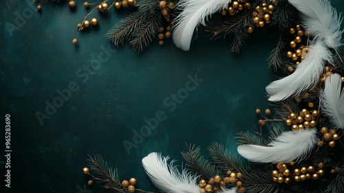 Wallpaper Mural A stylish modern Christmas wreath made of dark green pine branches, white feathers, and golden ornaments, against a dark green background Torontodigital.ca