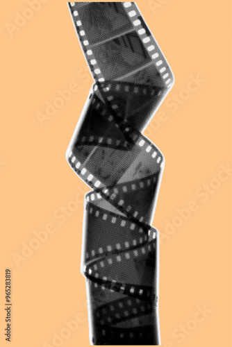 close up negative film strip 35mm pixelate color halftone dotted texture style collage element isolated on orange background