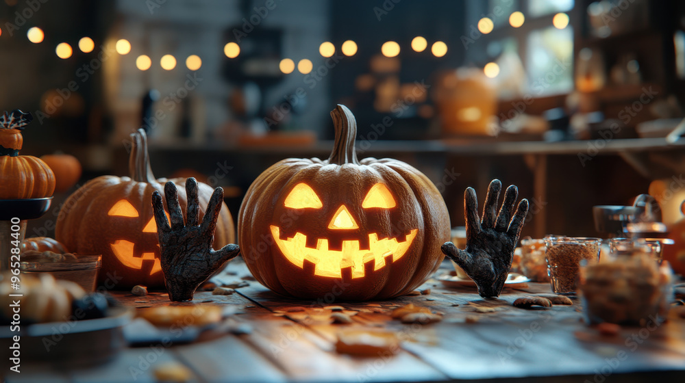 Fototapeta premium Spooky carved pumpkins with creepy hands create festive Halloween atmosphere. warm glow and autumn decorations enhance eerie yet playful vibe of celebration
