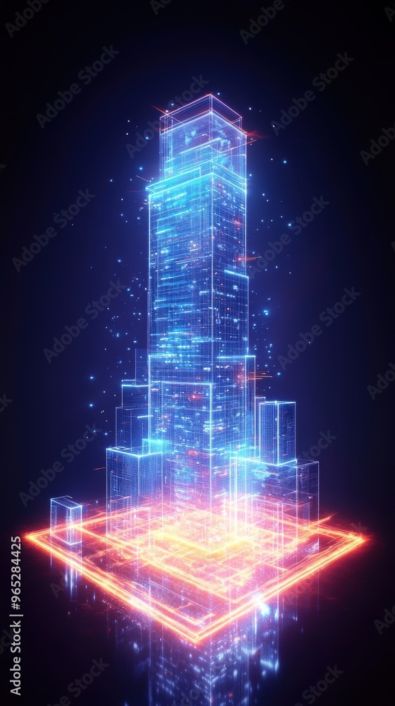 A transparent hologram with glowing light edges, displaying a virtual blueprint of a modern skyscraper. A transparent hologram with glowing light edges, displaying a virtual blueprint of a modern skyscraper.