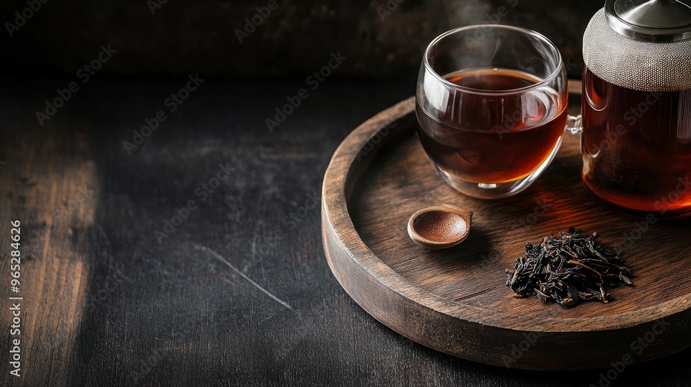 Tea glass or cup On a gloomy black background, a wooden plate with dried tea leaves and hot brew is set on a wooden table.
Tea glass or cup On a gloomy black background, a wooden plate with dried tea leaves and hot brew is set on a wooden table.
