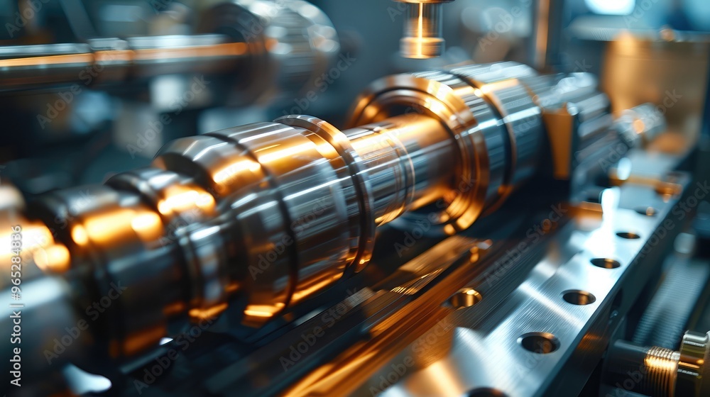 A turning tool is illustrated working on a lathe, shaping a shiny cylindrical metal part with fine grooves. Generative AI. A turning tool is illustrated working on a lathe, shaping a shiny cylindrical metal part with fine grooves. Generative AI.