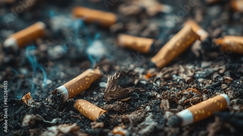 A detailed close-up of cigarette butts littering the ground, underscoring the issue of littering and pollution.