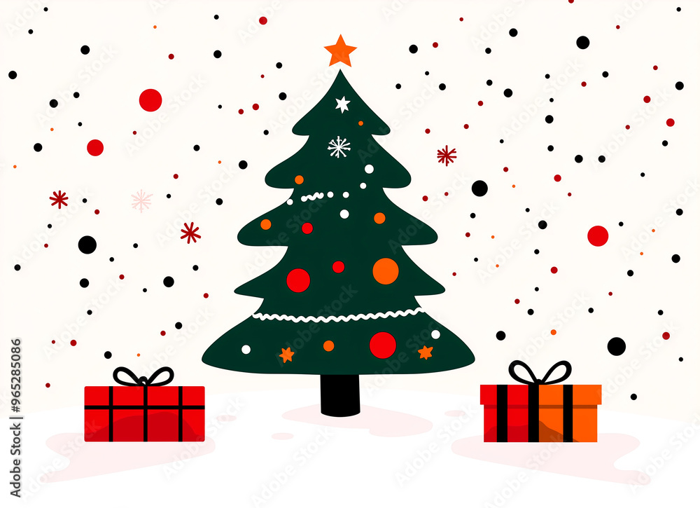 A Christmas tree with two red boxes on the ground. The tree is surrounded by snow and the boxes are placed in front of it A Christmas tree with two red boxes on the ground. The tree is surrounded by snow and the boxes are placed in front of it