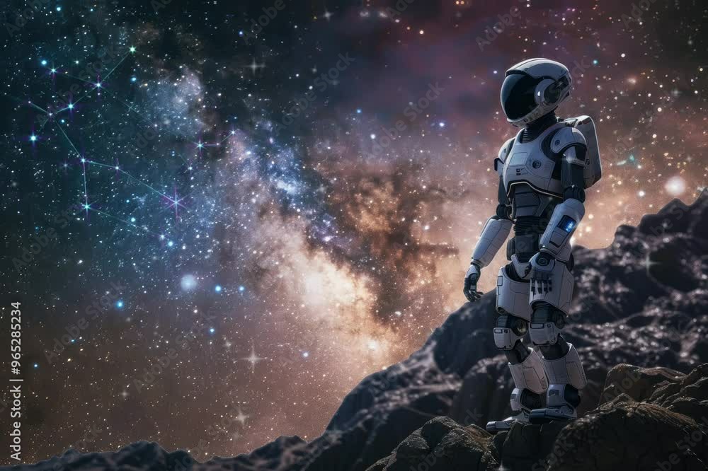 A robot is standing on a rocky hill in front of a starry sky. The robot is wearing a white suit and he is looking up at the stars. The scene is peaceful and serene A robot is standing on a rocky hill in front of a starry sky. The robot is wearing a white suit and he is looking up at the stars. The scene is peaceful and serene