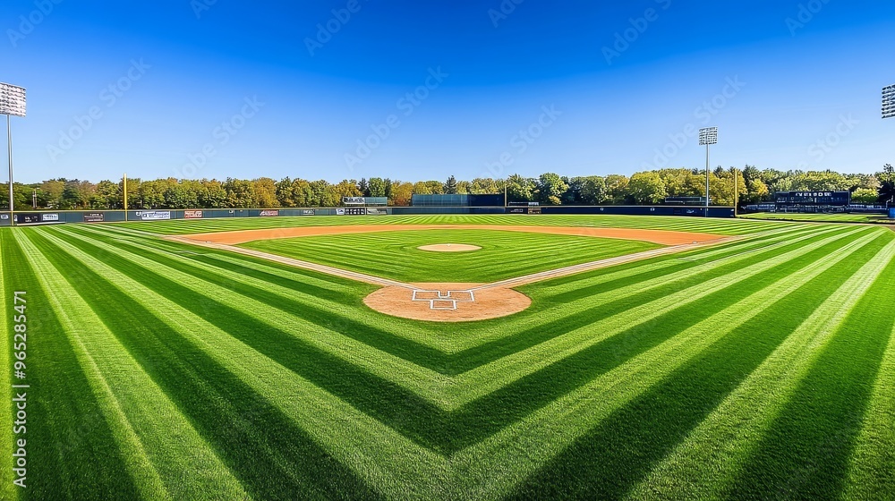 Expansive panoramic shot of a meticulously maintained baseball diamond featuring lush green grass and crisp white markings against a clear blue sky. Expansive panoramic shot of a meticulously maintained baseball diamond featuring lush green grass and crisp white markings against a clear blue sky.