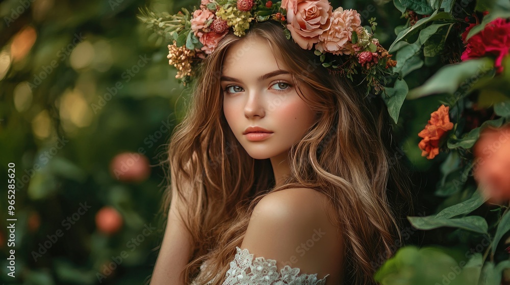 A girl with long, wavy hair and a floral crown, posing gracefully in a garden, surrounded by vibrant flowers and greenery. A girl with long, wavy hair and a floral crown, posing gracefully in a garden, surrounded by vibrant flowers and greenery.