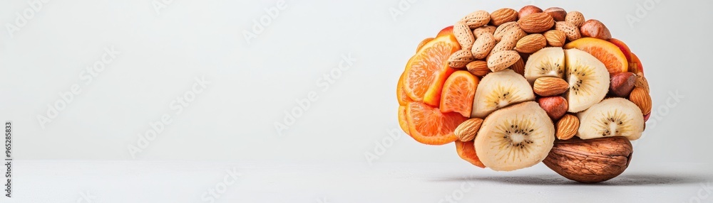 A creative concept of a brain made from assorted nuts and fruits, symbolizing health and nutrition for cognitive function. A creative concept of a brain made from assorted nuts and fruits, symbolizing health and nutrition for cognitive function.