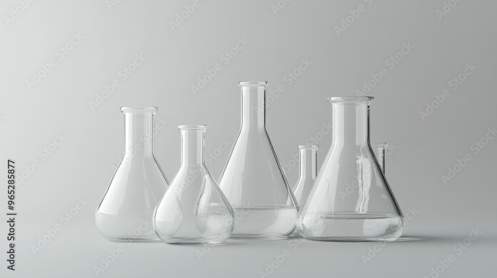 A group of chemical flasks on a solid grey background, with soft lighting giving a serene scientific feel. A group of chemical flasks on a solid grey background, with soft lighting giving a serene scientific feel.