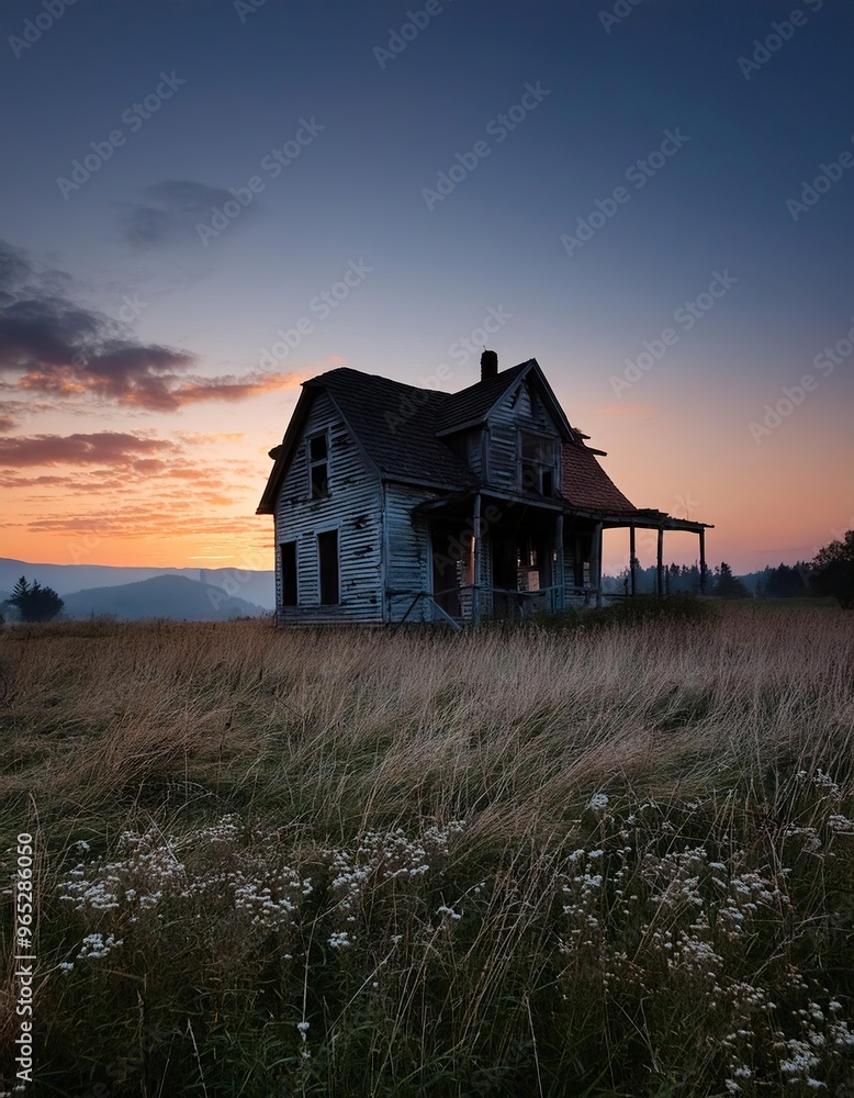 Abandoned farmhouse in spooky meadow Abandoned farmhouse in spooky meadow