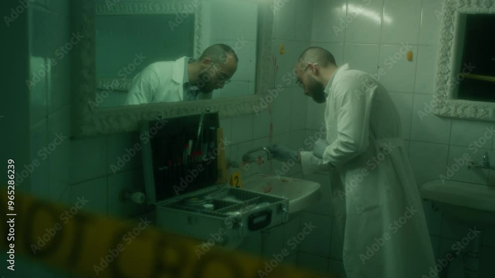Forensic expert in gloves and white coat dusting bathroom sink for fingerprints, detective talking on phone beside then leaving taped-off crime scene Forensic expert in gloves and white coat dusting bathroom sink for fingerprints, detective talking on phone beside then leaving taped-off crime scene