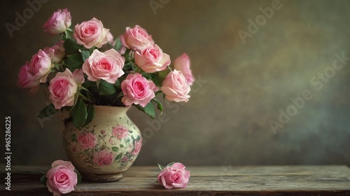Wallpaper Mural A lovely bouquet of pink roses in a vintage vase on a wooden table, capturing elegance and romance. Torontodigital.ca