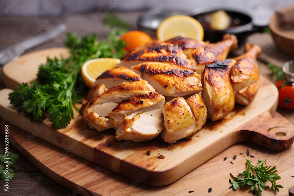 Cutting board with delicious sliced turkey fillet and vegetables on table
Cutting board with delicious sliced turkey fillet and vegetables on table