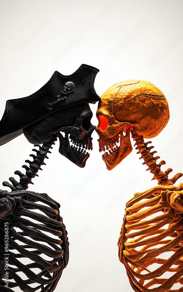 Obraz premium Two skeletons face each other, one black and one gold, symbolizing opposing forces, Halloween concept.