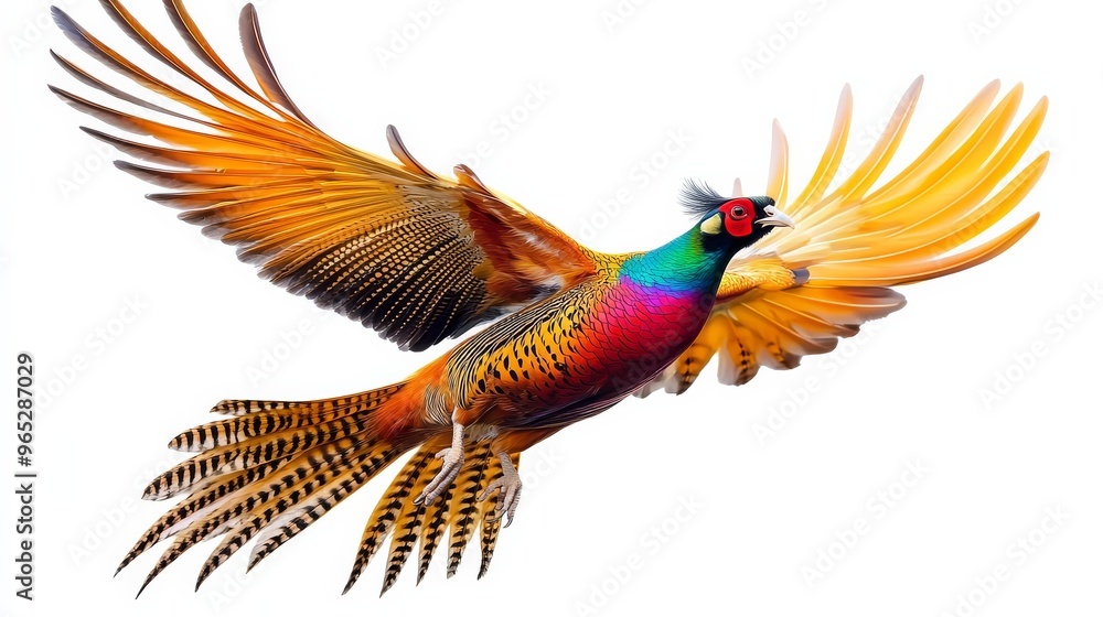 The majestic plumage of a golden pheasant is on full display as it soars upward with its colorful wings spread, contrasted against a clean transparent background. The majestic plumage of a golden pheasant is on full display as it soars upward with its colorful wings spread, contrasted against a clean transparent background.