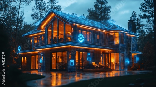 Modern smart home exterior illuminated at twilight with glowing accents and trees in the background