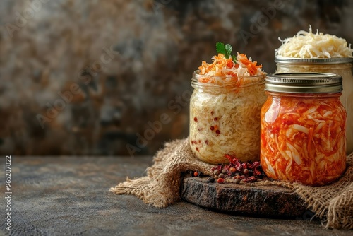  A close-up image of jars filled with kimchi, sauerkraut, and kefir, highlighting their vibrant colors and textures. Suitable for food, health, and nutrition themes. photo