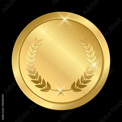 Realistic Gold medal shiny with laurel wreath. Champion golden trophy award, glossy gold coin Prize in sport for winning first place in competition vector illustration.