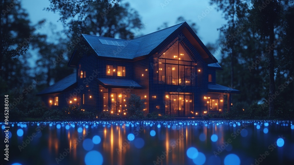 Obraz premium Smart home exterior illuminated at dusk amidst a serene landscape with twinkling lights