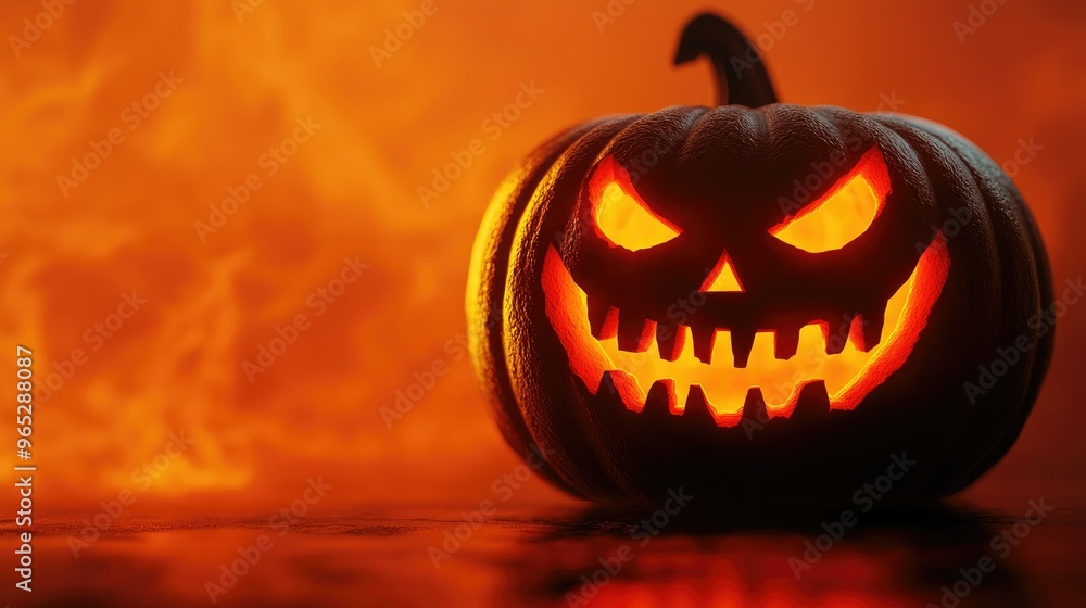 Fototapeta premium A sinister 3D jack-o-lantern glowing eerily, its evil grin illuminated against a deep orange backdrop, perfect for a haunting vibe.