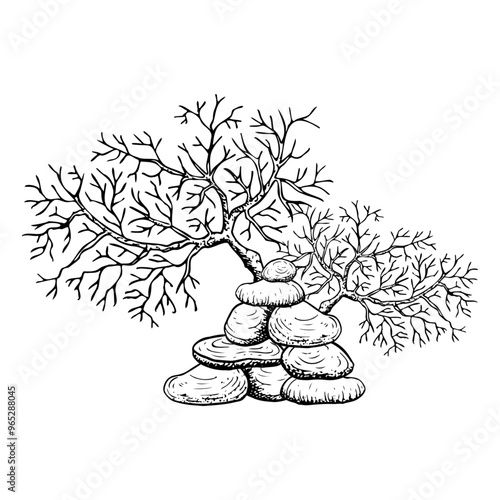 Coral branch and pile of stones black and white ink vector illustration. Tropical sea reef animal in simple line black and white style. Underwater seabed marine prints