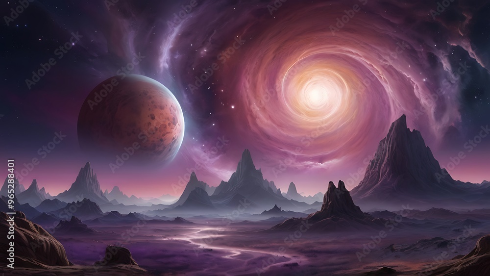 Digital artwork of a cosmic scene, featuring a vast and colorful nebula with swirling clouds of gas and dust in shades of purple, pink, and blue.