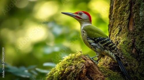 A lively young green woodpecker showcases its vivid plumage as it ascends a moss-covered trunk of an old tree in a verdant forest.