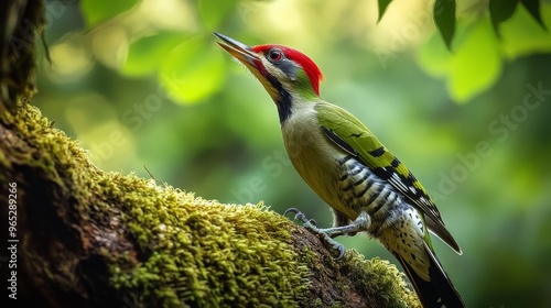 In a dense forest landscape, a vibrant young green woodpecker with striking feathers navigates a mossy, ancient tree trunk.