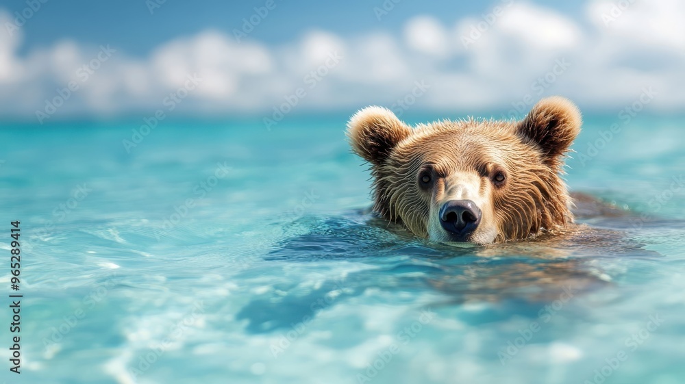 Naklejka premium A brown bear swimming energetically in a clear sea, capturing its powerful movement and playful nature in the water.
