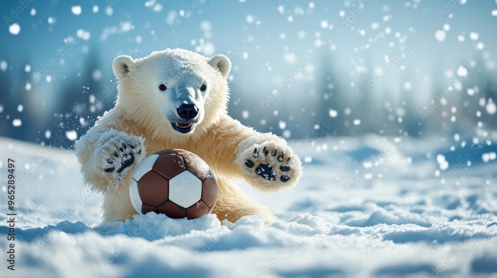 A polar bear playing football on a snowy field, dressed in winter sports gear, adding a playful and dynamic twist to its natural behavior.